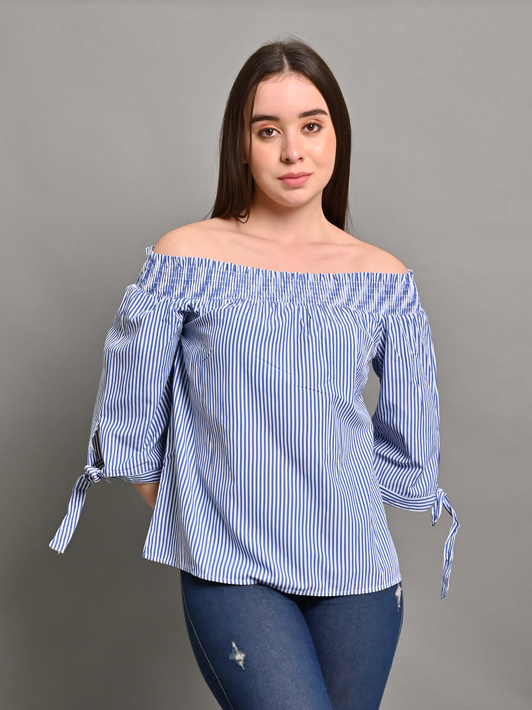 Polyester Light Blue Off-Shoulder Striped Top with Tie Detail 3/4th Length Sleeves Top