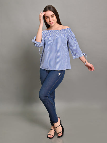 Polyester Light Blue Off-Shoulder Striped Top with Tie Detail 3/4th Length Sleeves Top