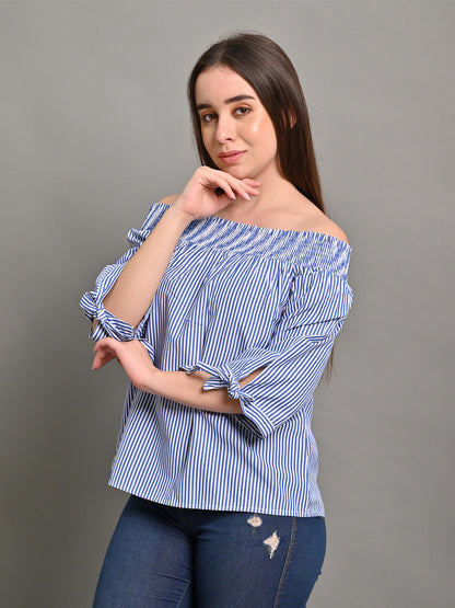 Polyester Light Blue Off-Shoulder Striped Top with Tie Detail 3/4th Length Sleeves Top