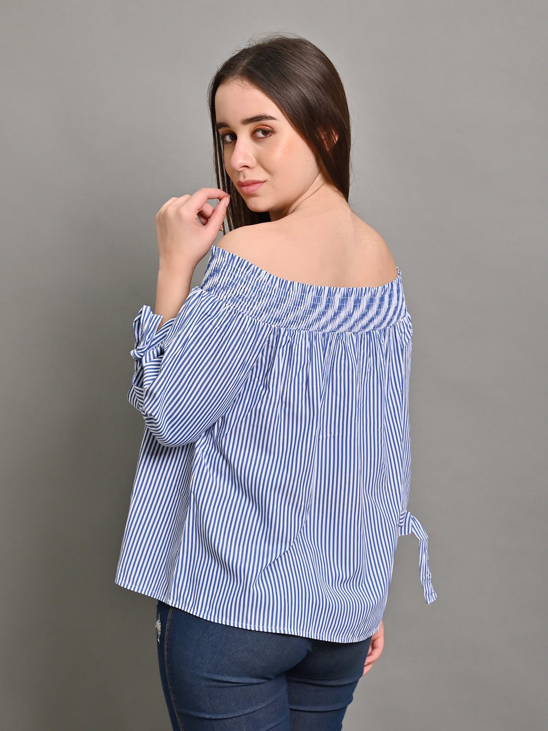 Polyester Light Blue Off-Shoulder Striped Top with Tie Detail 3/4th Length Sleeves Top