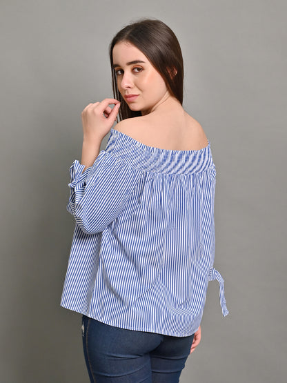 Polyester Light Blue Off-Shoulder Striped Top with Tie Detail 3/4th Length Sleeves Top