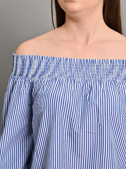 Polyester Light Blue Off-Shoulder Striped Top with Tie Detail 3/4th Length Sleeves Top