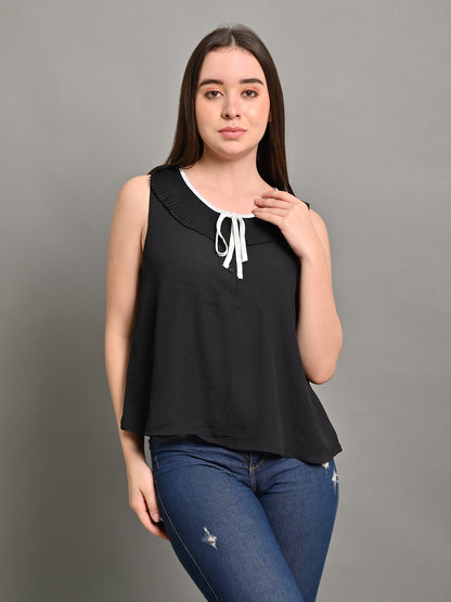 Viscose Sleeveless Neck Tie-Up Solid Black Summer Top