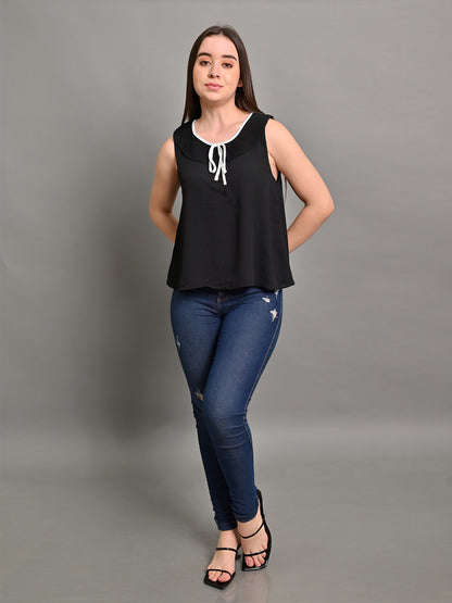 Viscose Sleeveless Neck Tie-Up Solid Black Summer Top