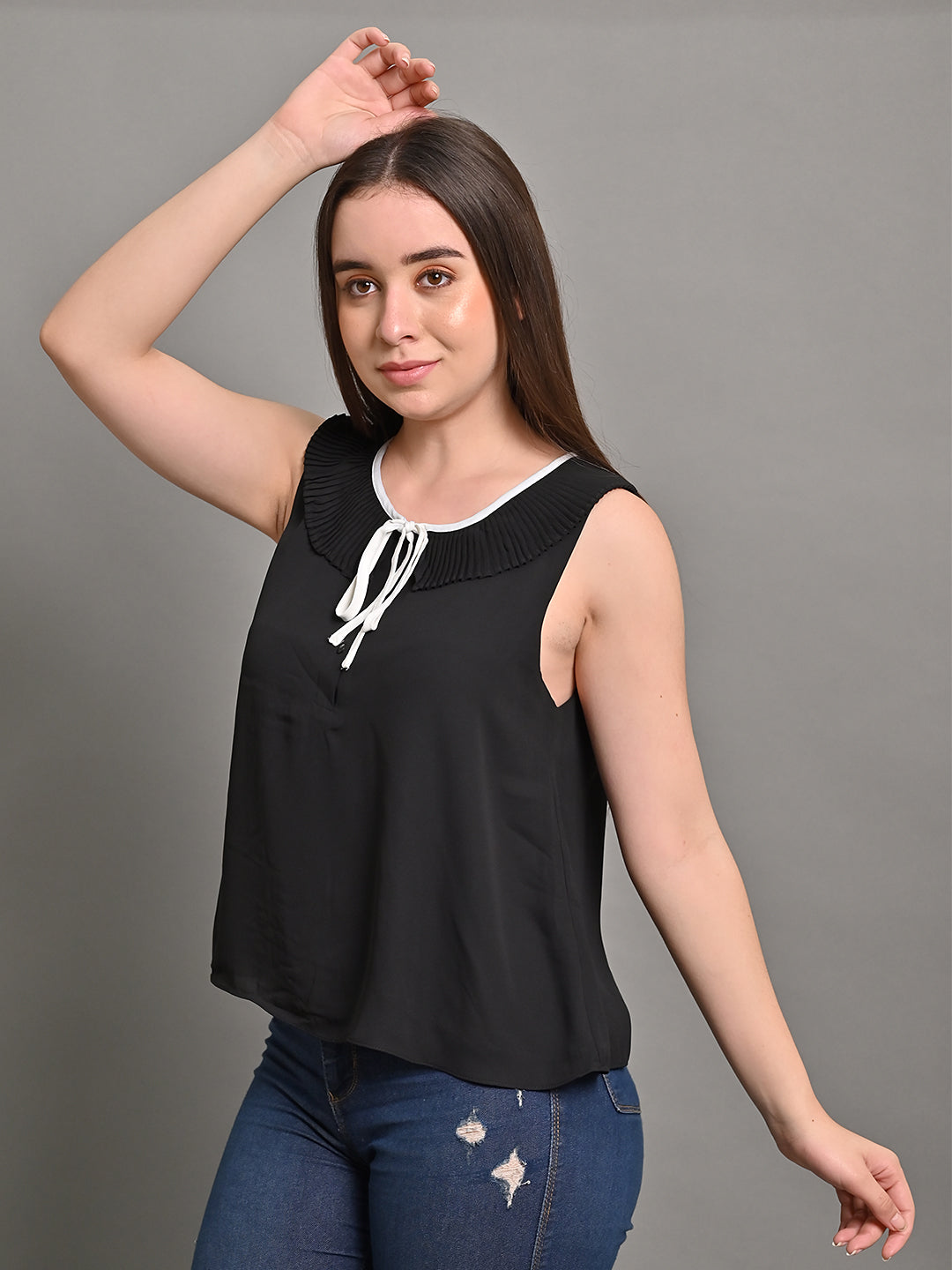 Viscose Sleeveless Neck Tie-Up Solid Black Summer Top