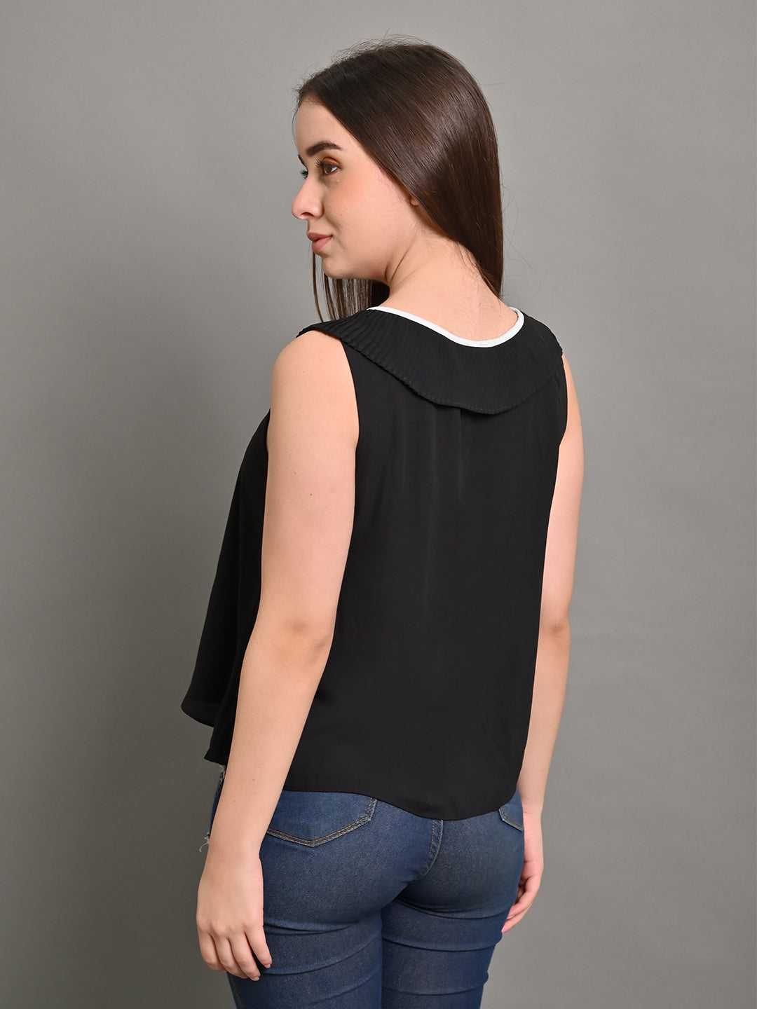 Viscose Sleeveless Neck Tie-Up Solid Black Summer Top