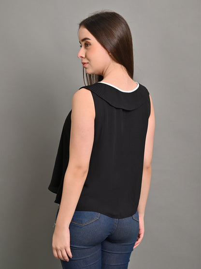 Viscose Sleeveless Neck Tie-Up Solid Black Summer Top