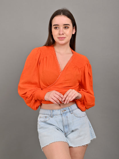 Rayon Full Sleeve with wrap v-neckline Orange Top