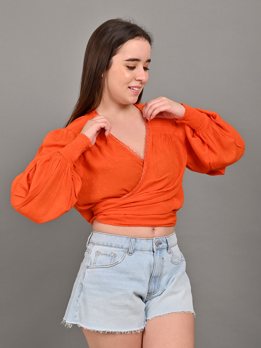 Rayon Full Sleeve with wrap v-neckline Orange Top