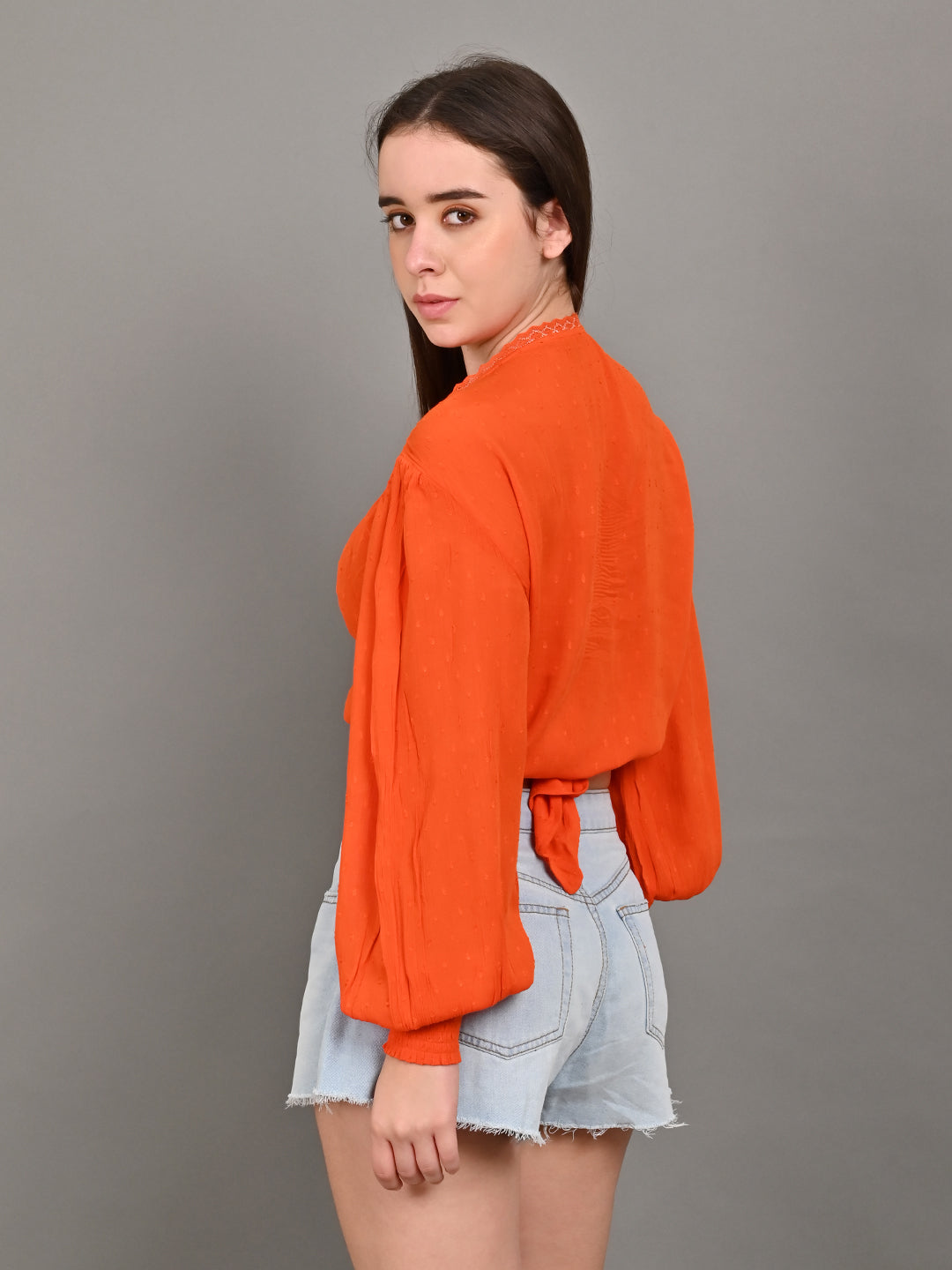 Rayon Full Sleeve with wrap v-neckline Orange Top