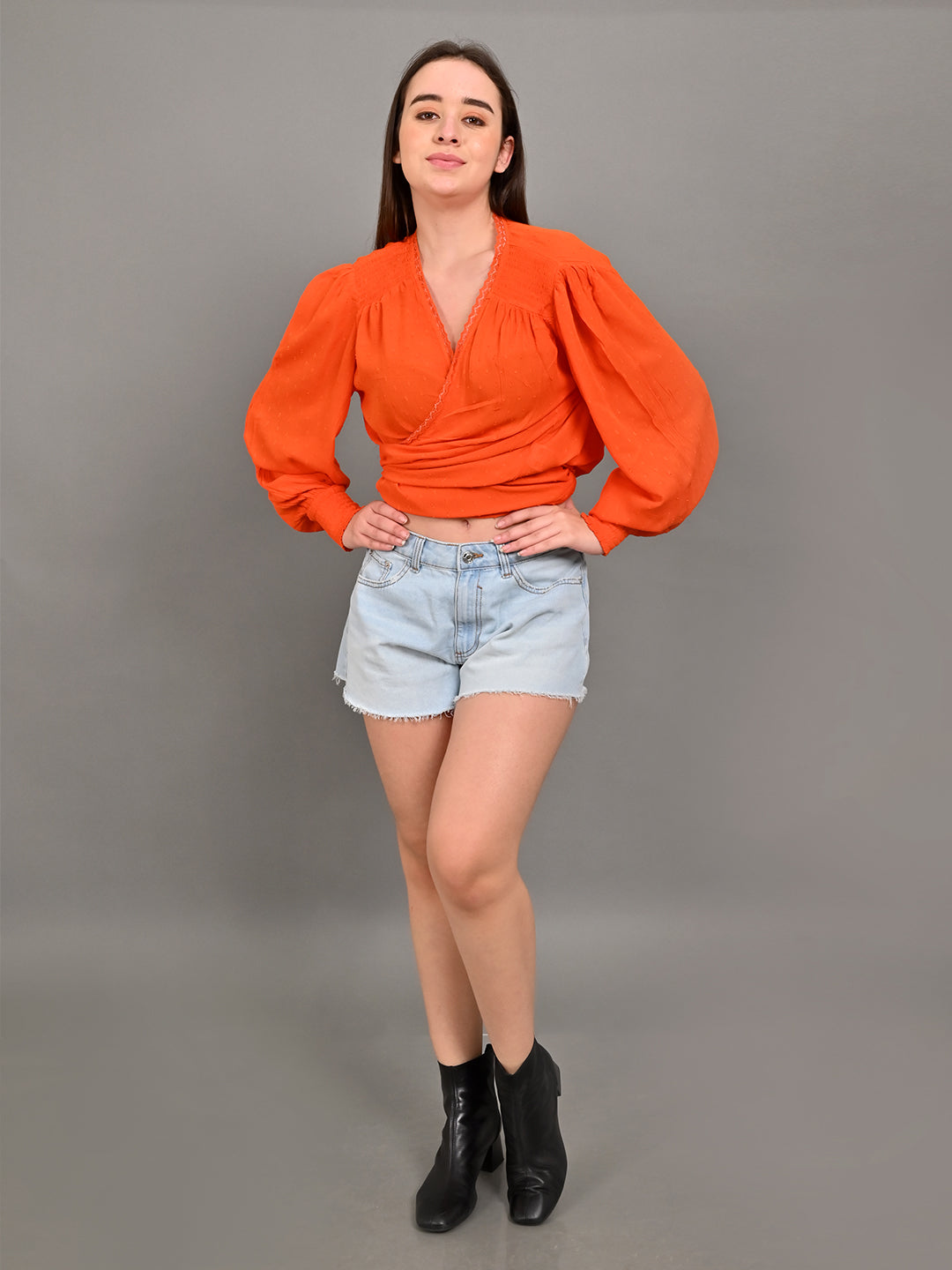 Rayon Full Sleeve with wrap v-neckline Orange Top