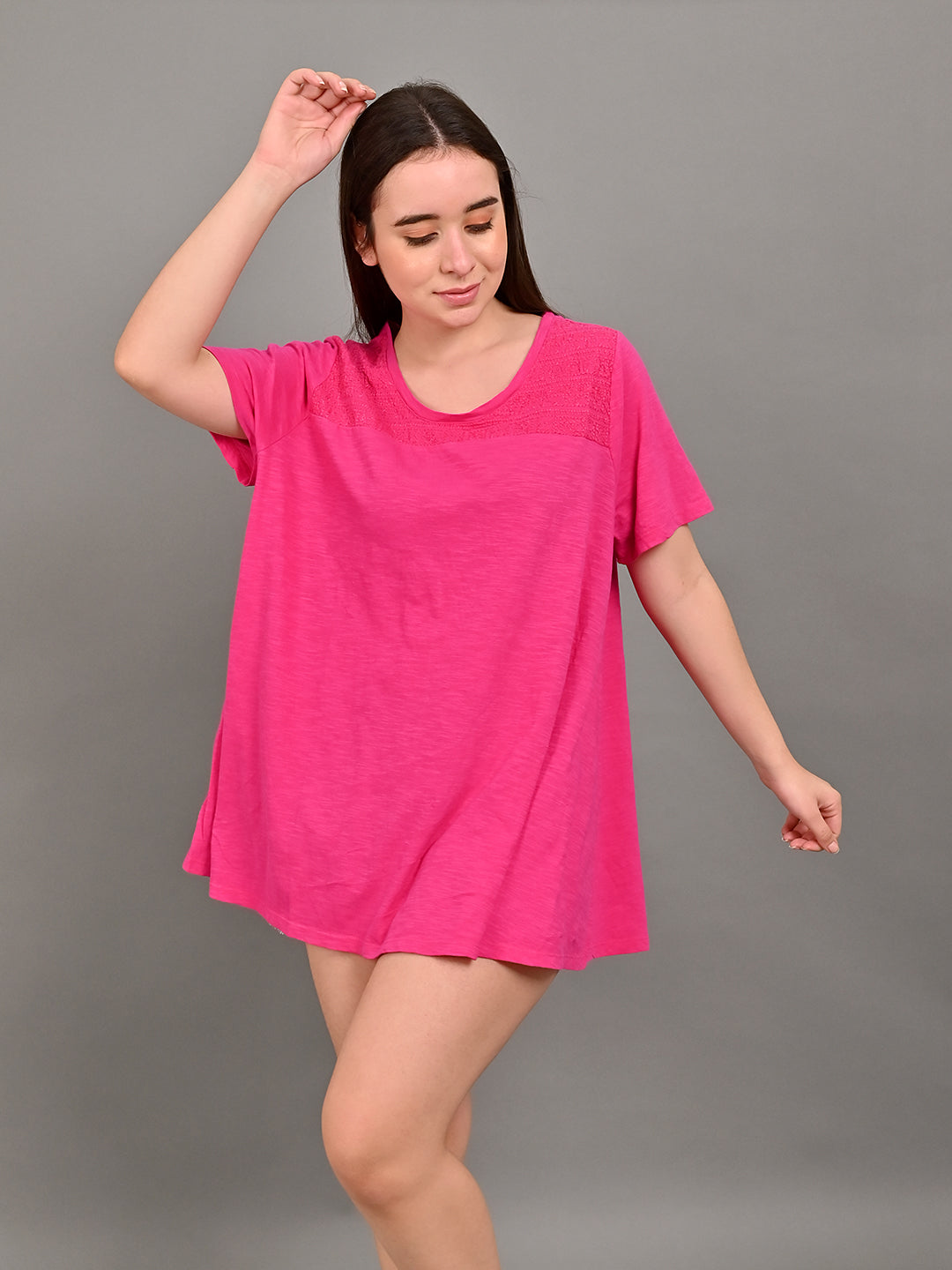 Viscose short sleeve Round Neck Pink Loose T-shirt