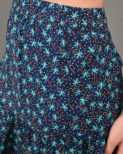 Cotton A-Line Flower Printed Elastic waist Casual Mini Navy Blue Skirt