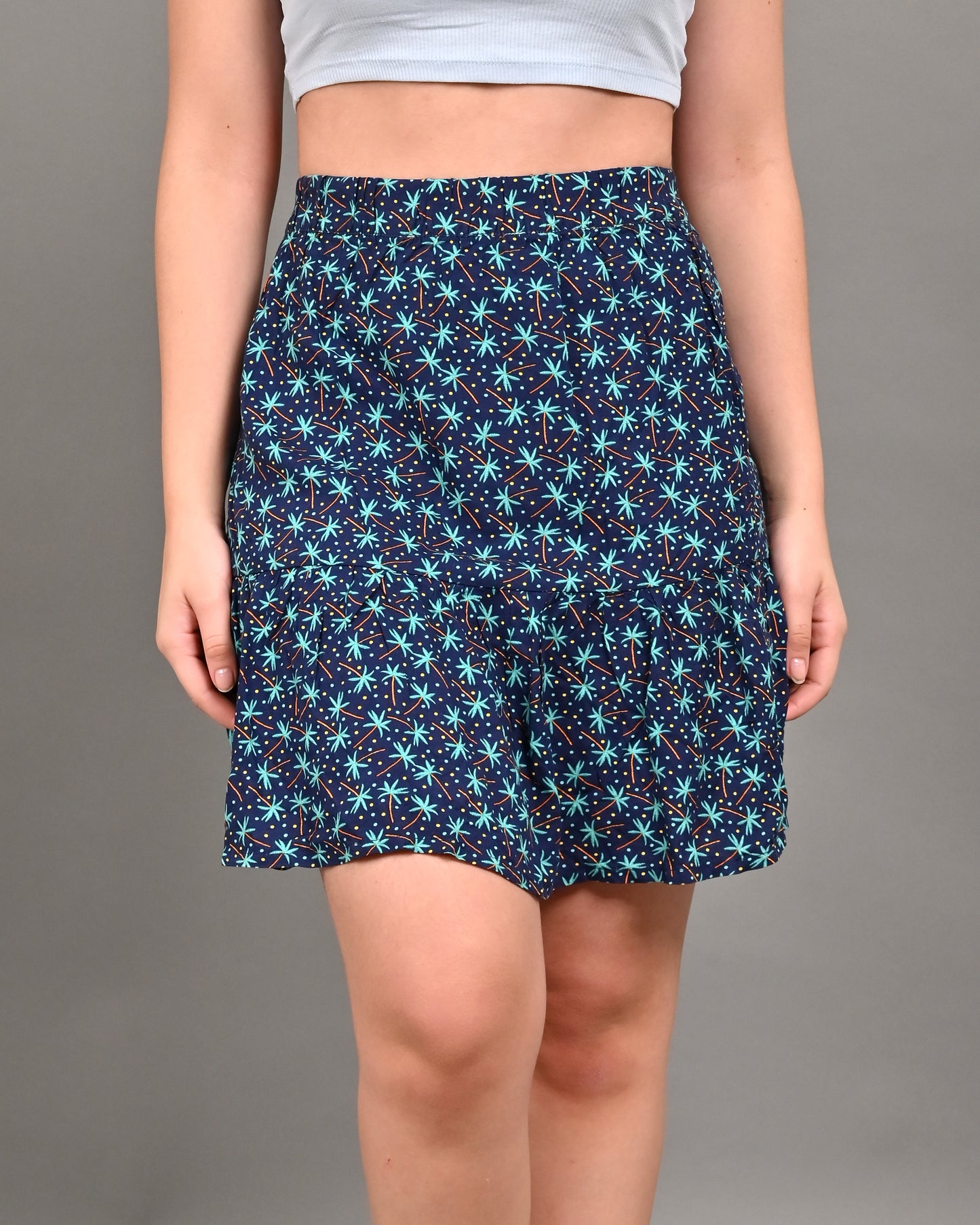 Cotton A-Line Flower Printed Elastic waist Casual Mini Navy Blue Skirt