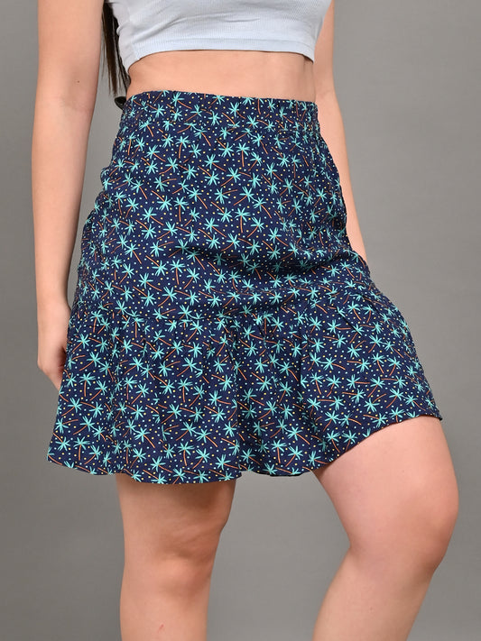 Cotton A-Line Flower Printed Elastic waist Casual Mini Navy Blue Skirt