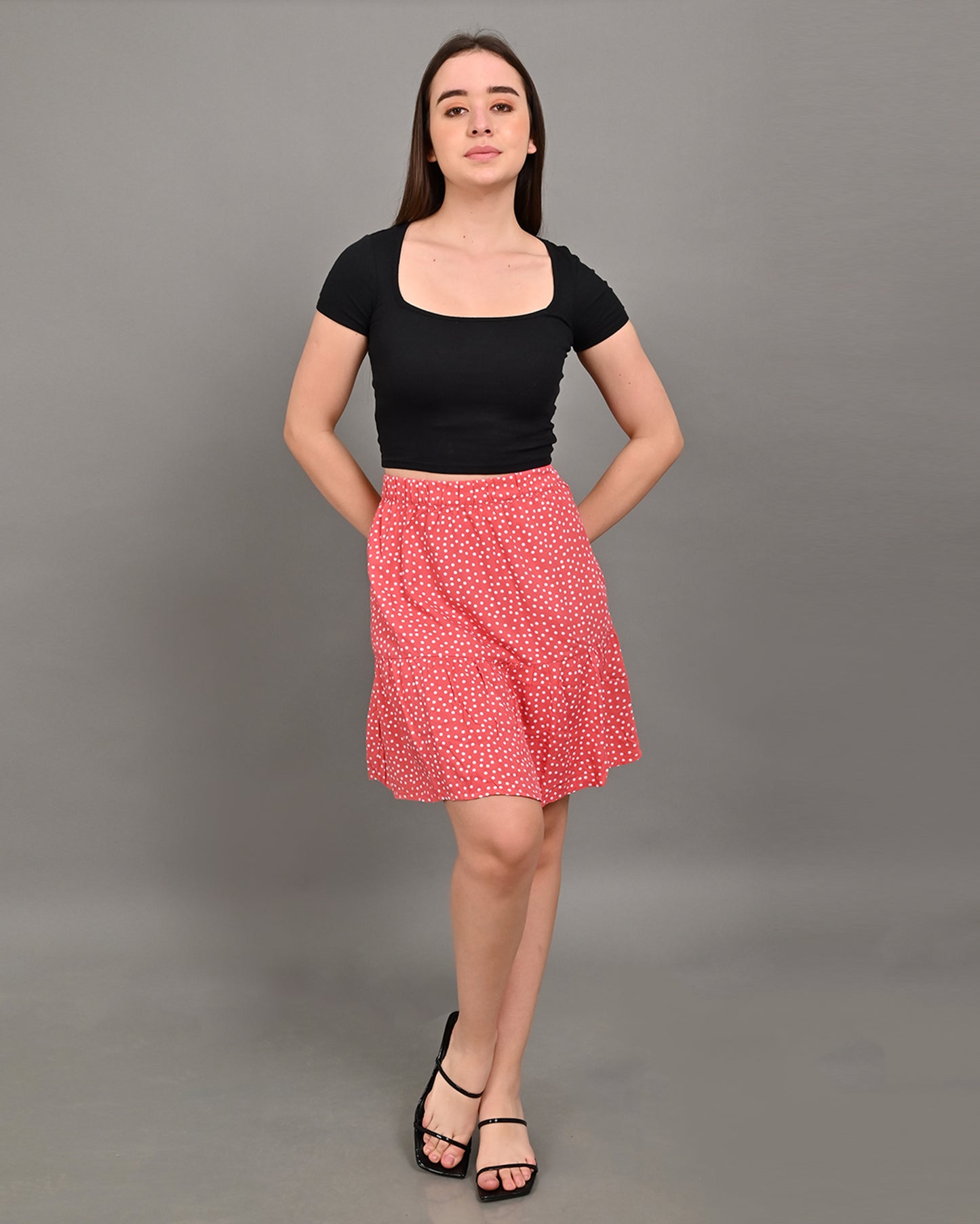 Cotton A-Line Flower Printed Elastic waist Casual Mini Pink Skirt