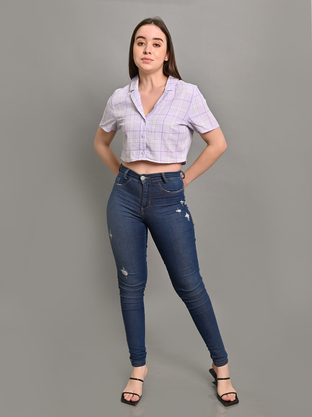 Cotton Short Sleeve Crop Purple Shirt