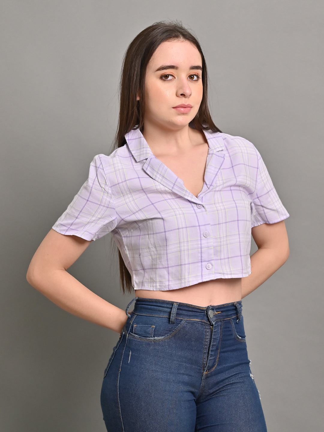 Cotton Short Sleeve Crop Purple Shirt