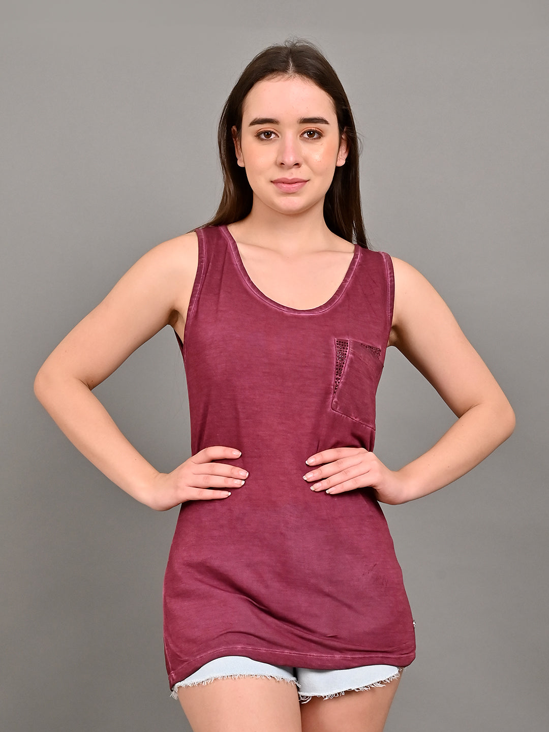 Viscose Front Pocket Stitching Round Neck Sleeveless Wine Tank Top