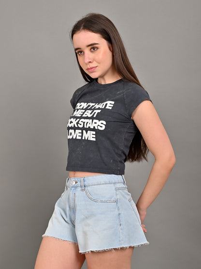 Cotton Round Neck with short sleeve Black Crop Top T-Shirt