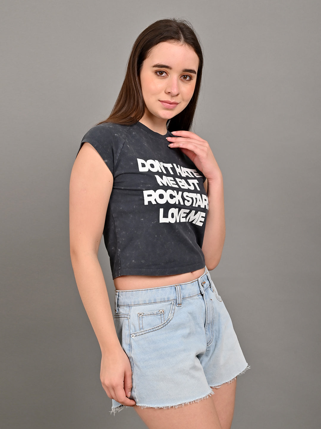 Cotton Round Neck with short sleeve Black Crop Top T-Shirt