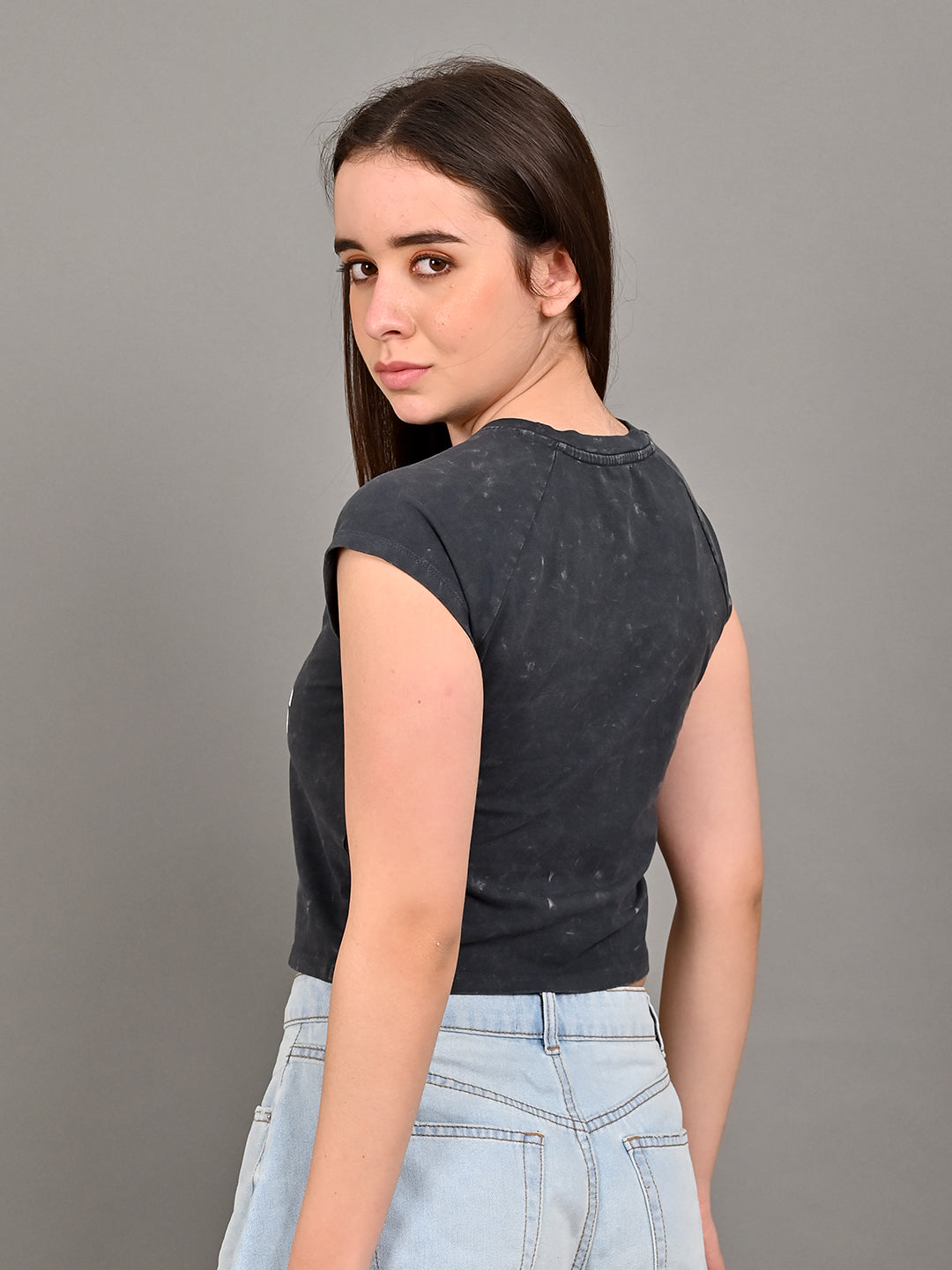 Cotton Round Neck with short sleeve Black Crop Top T-Shirt