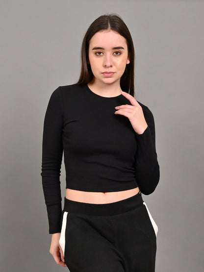 Polyester Black Full Sleeve Solid Fitted Crop Sweater