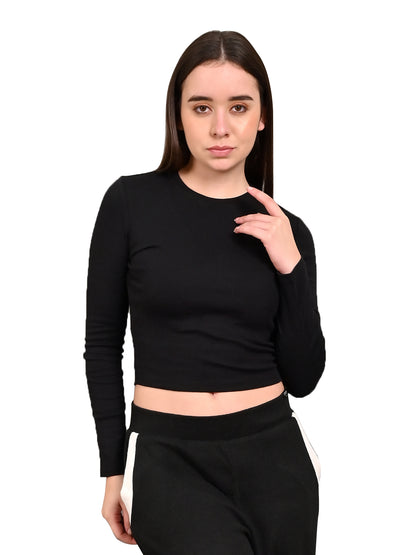 Polyester Black Full Sleeve Solid Fitted Crop Sweater