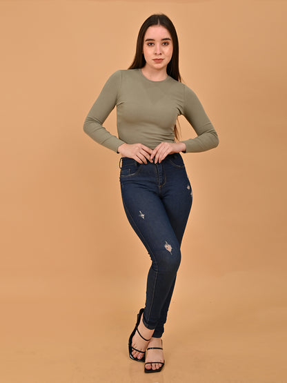 Polyester Olive Green Solid Fitted Crop Sweater