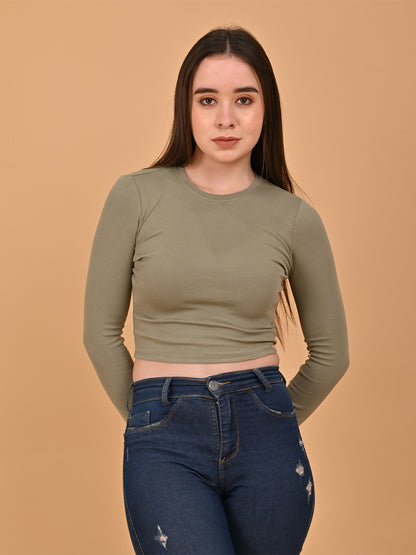 Polyester Olive Green Solid Fitted Crop Sweater