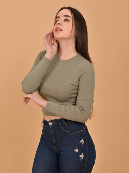 Polyester Olive Green Solid Fitted Crop Sweater