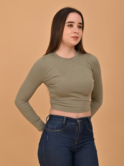 Polyester Olive Green Solid Fitted Crop Sweater