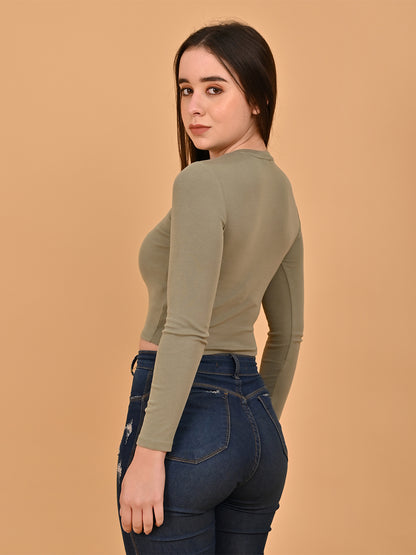 Polyester Olive Green Solid Fitted Crop Sweater