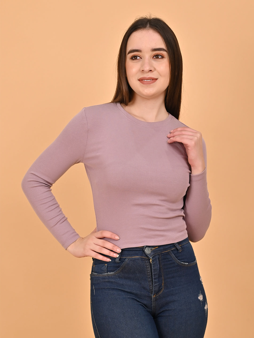 Polyester Purple Full Sleeve Solid Fitted Crop Sweater