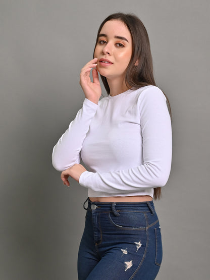 Polyester White Full Sleeve Solid Fitted Crop Sweater