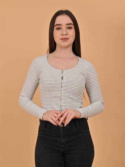 Viscose Buttoned Full Sleeve Striped White Short Top