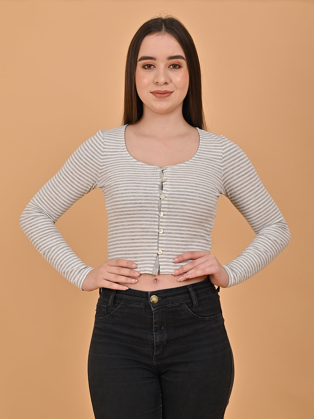 Viscose Buttoned Full Sleeve Striped White Short Top