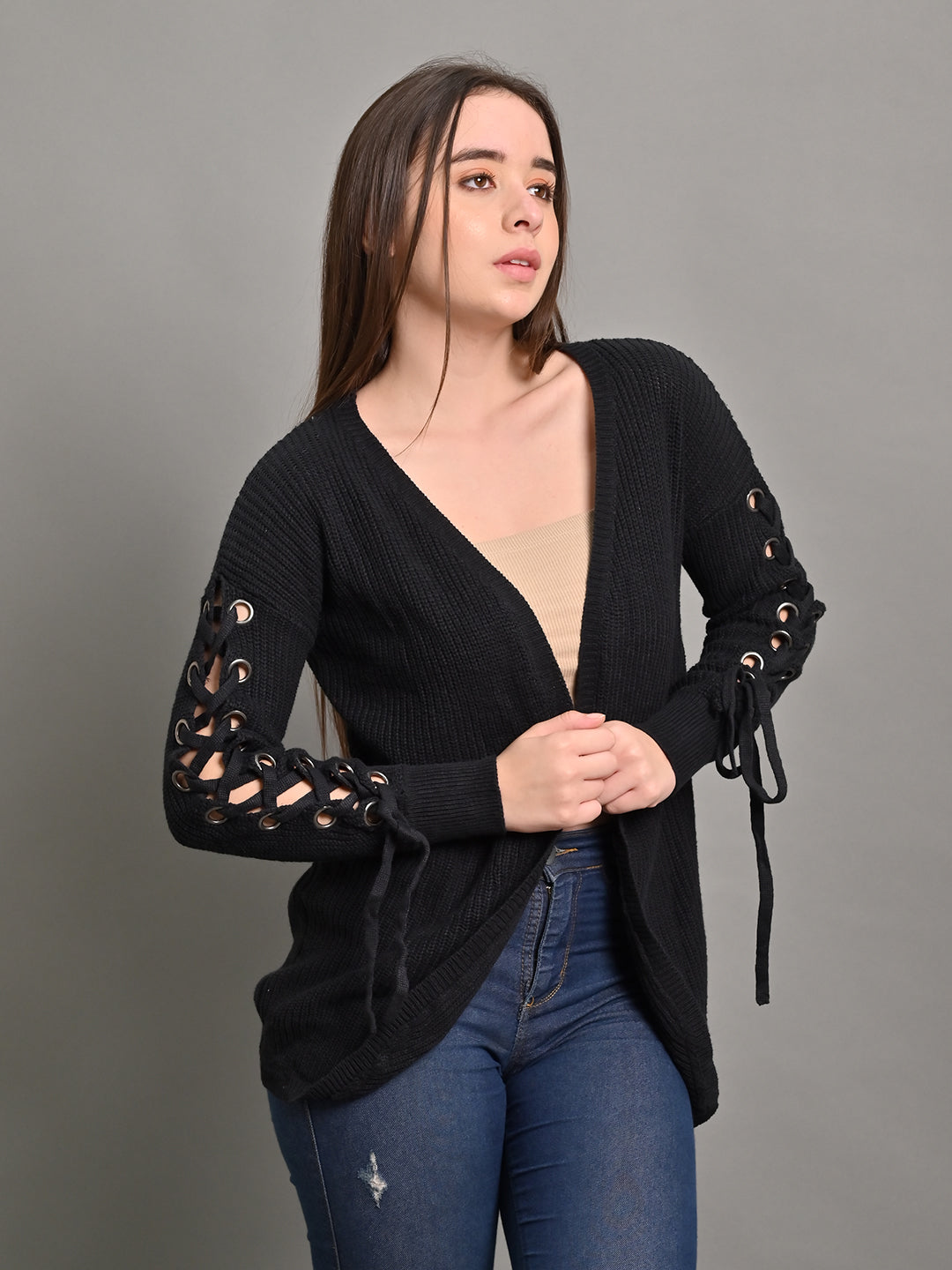 Acrylic Hollow Sleeve Black Cardigan Shrug