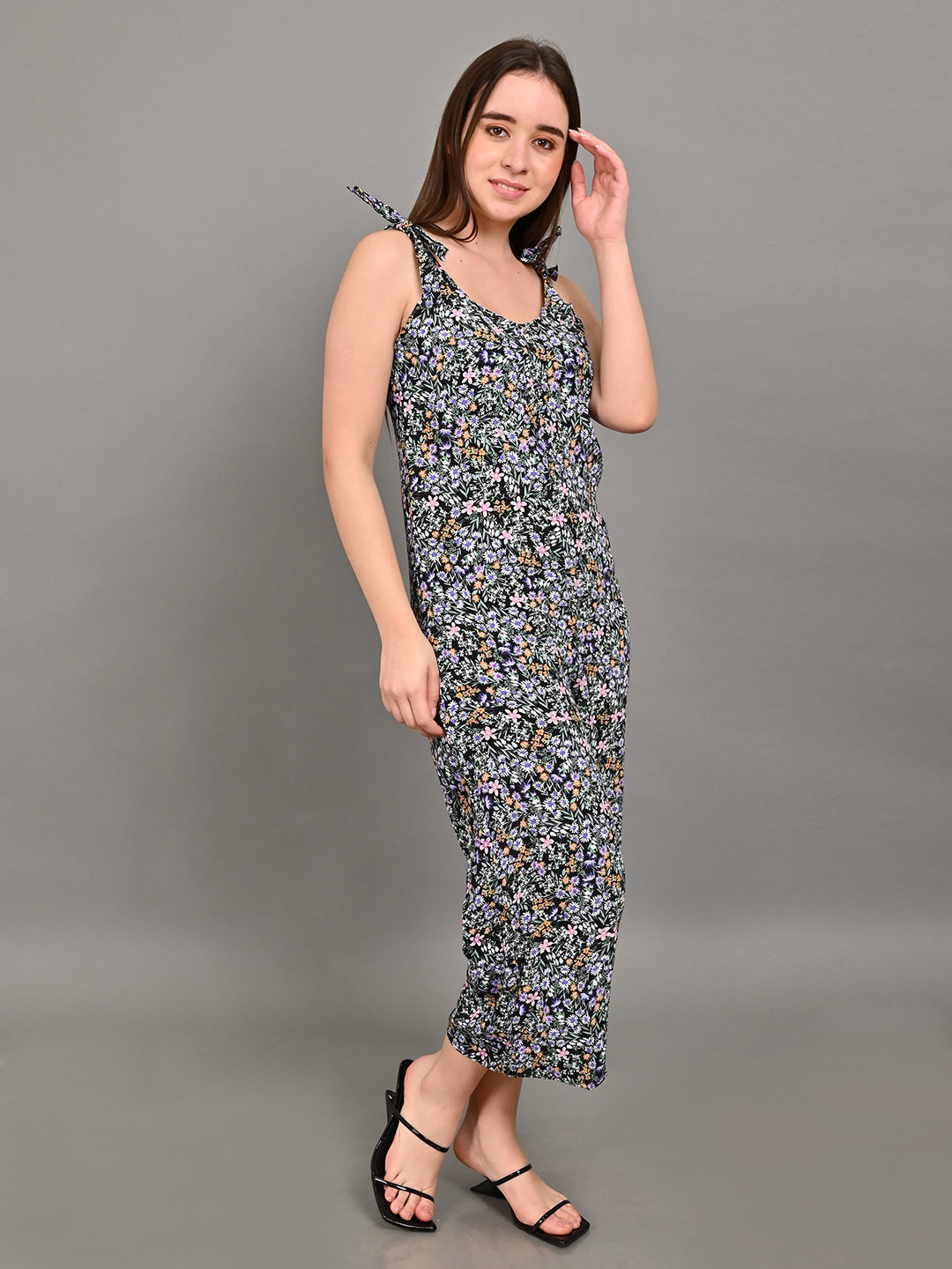 Viscose Round Neck Floral Printed Multicolor Jumpsuit