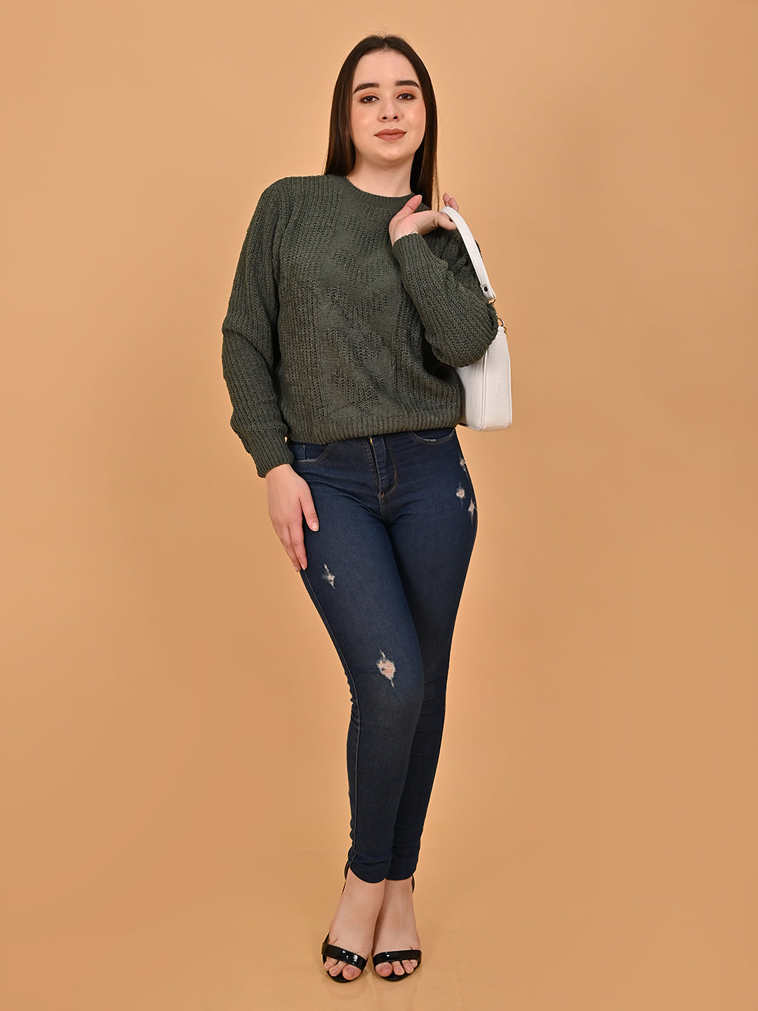 Polyester Round Neck Olive Color Regular Sweater