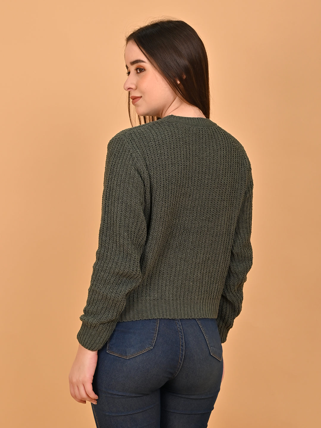 Polyester Round Neck Olive Color Regular Sweater