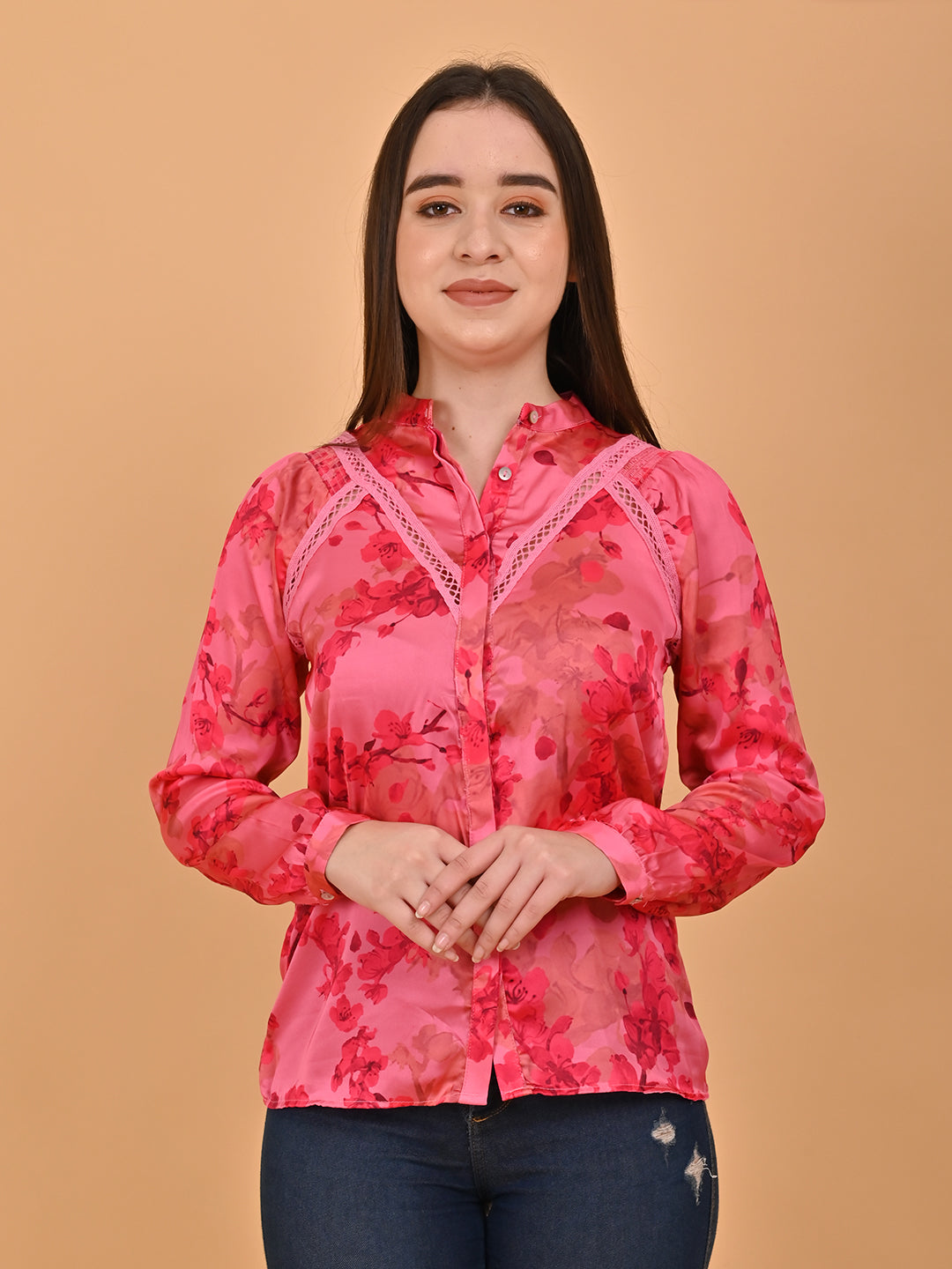 Polyester Full Sleeve Floral Printed Red Lace Shirt