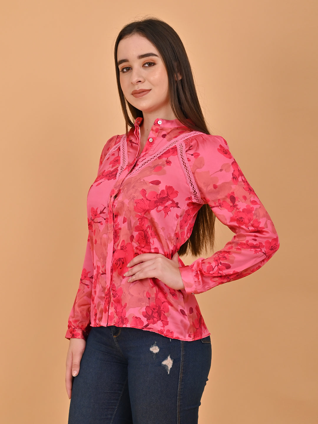 Polyester Full Sleeve Floral Printed Red Lace Shirt