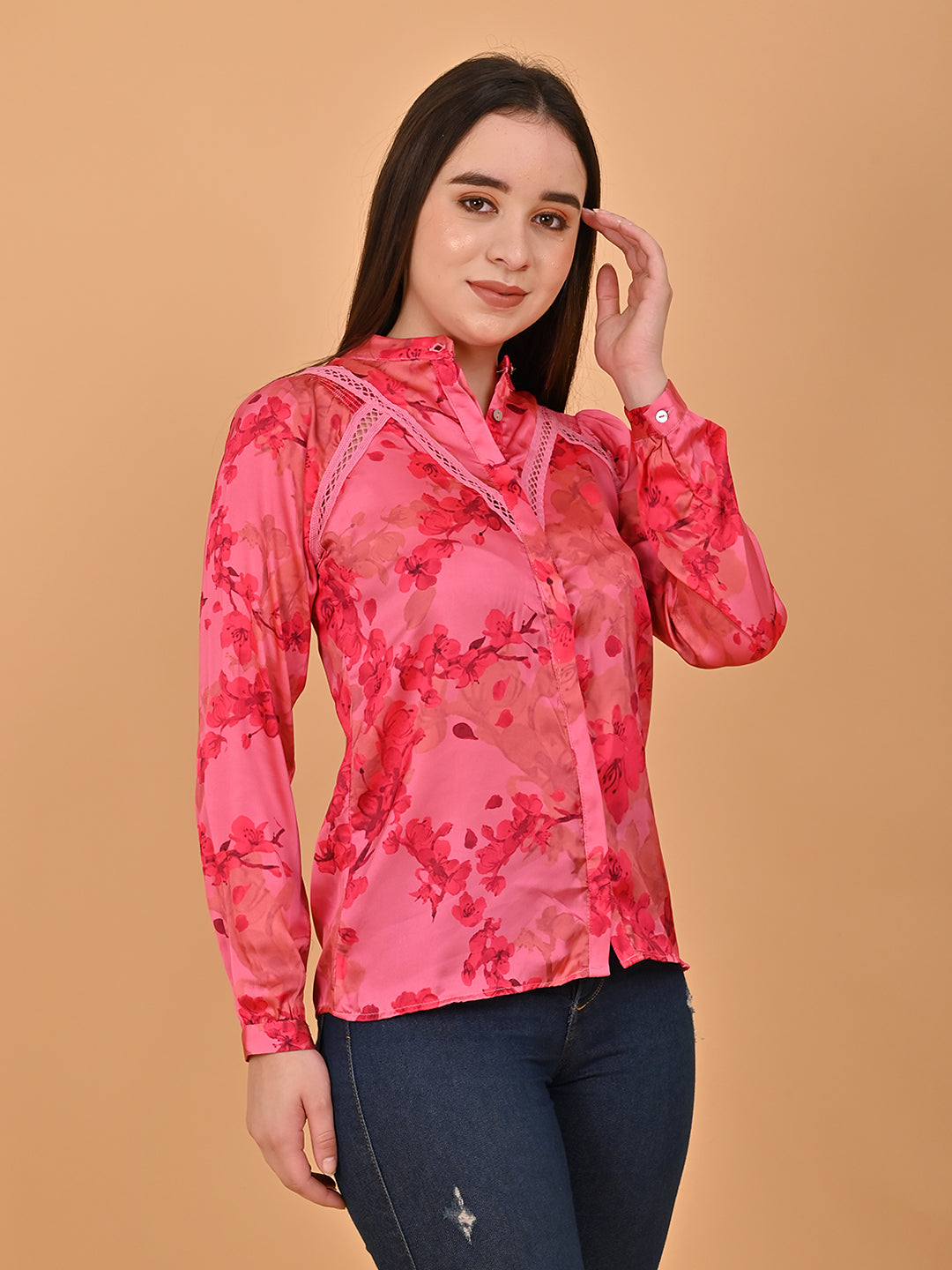 Polyester Full Sleeve Floral Printed Red Lace Shirt