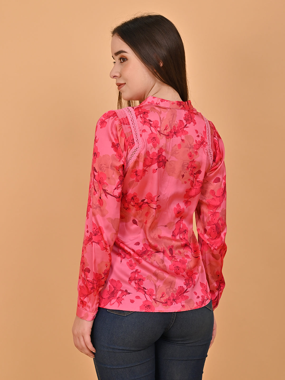 Polyester Full Sleeve Floral Printed Red Lace Shirt