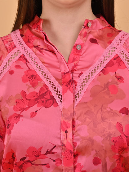 Polyester Full Sleeve Floral Printed Red Lace Shirt