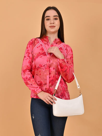 Polyester Full Sleeve Floral Printed Red Lace Shirt