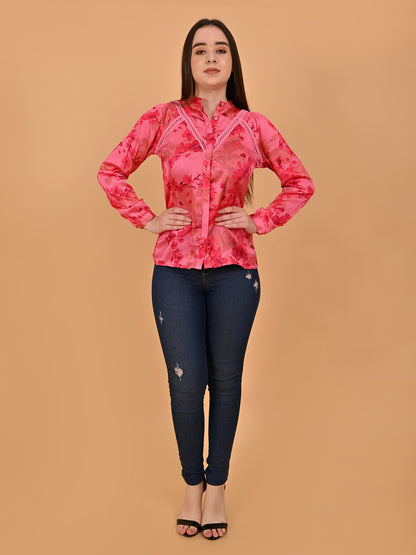 Polyester Full Sleeve Floral Printed Red Lace Shirt