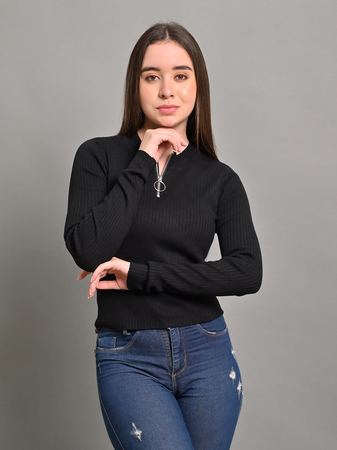 Viscose Full Sleeve Zipper Black Sweater