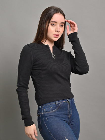 Viscose Full Sleeve Zipper Black Sweater